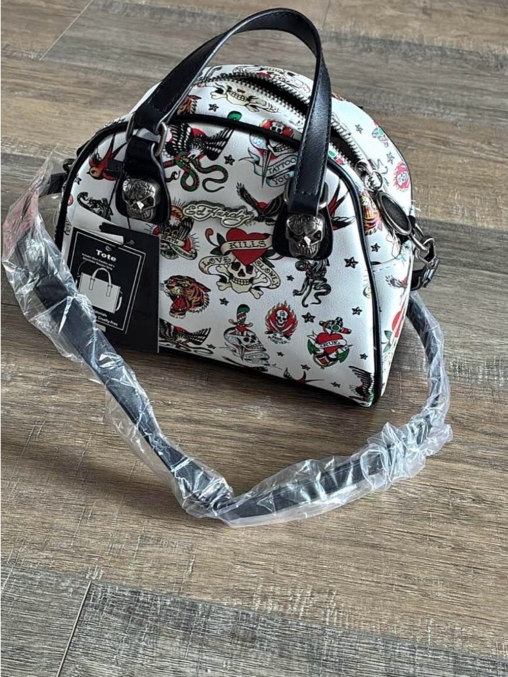 New with tags White Tattoo-Print Dome Satchel Handbag with Black Trim
